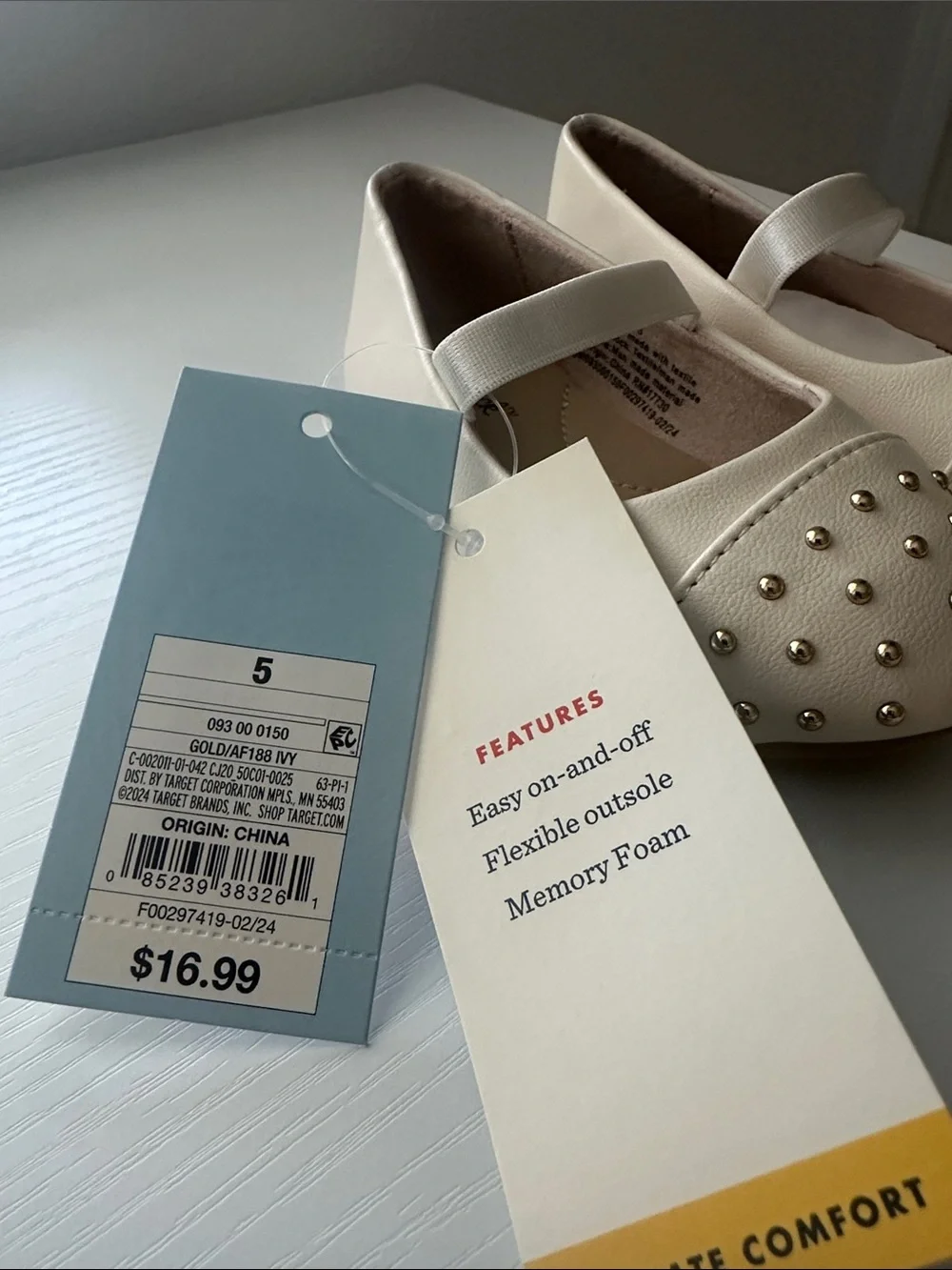 Girls Cream Mary Jane Flats with Gold Studs